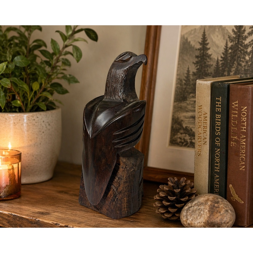 Hand Carved Eagle Sculpture Ironwood Bird Vintage Folk‎ Art Wood Rustic Decor